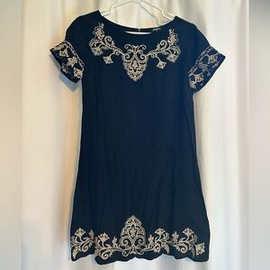 Lulu’s Tale to Tell Beige & Black Embroidered Shift Dress